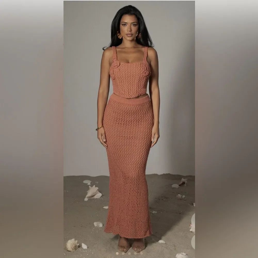 NWT JLUXLABEL Terracotta Sea Depths crochet maxi skirt Size XS 2